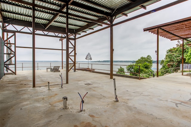 garage featuring a water view