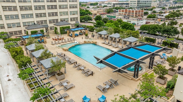 view of swimming pool featuring a patio area