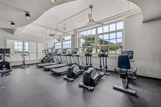 gym featuring plenty of natural light and ceiling fan