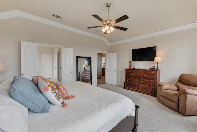 bedroom with ceiling fan, light colored carpet, lofted ceiling, and crown molding