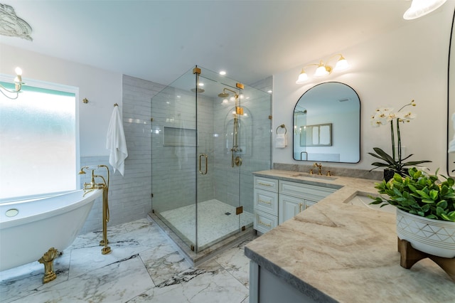 bathroom featuring tile floors, vanity, and plus walk in shower