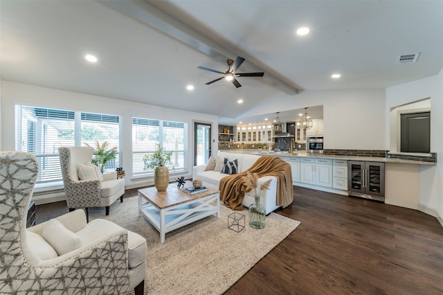 living room featuring lofted ceiling with beams, ceiling fan, dark hardwood / wood-style floors, and beverage cooler