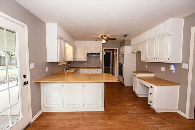 kitchen with a sink, a peninsula, wood finished floors, oven, and under cabinet range hood