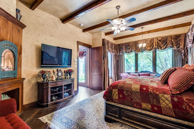 bedroom with ceiling fan, tile floors, and beamed ceiling