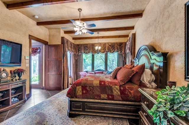 bedroom featuring tile flooring, beamed ceiling, ceiling fan, and access to exterior