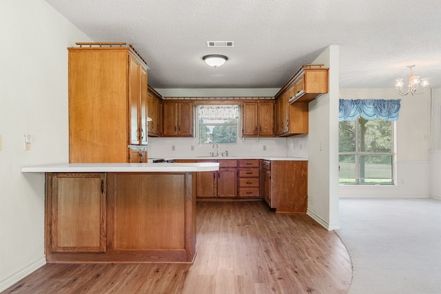 kitchen featuring a wealth of natural light, kitchen peninsula, and light hardwood / wood-style flooring