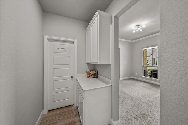 interior space with crown molding and light carpet