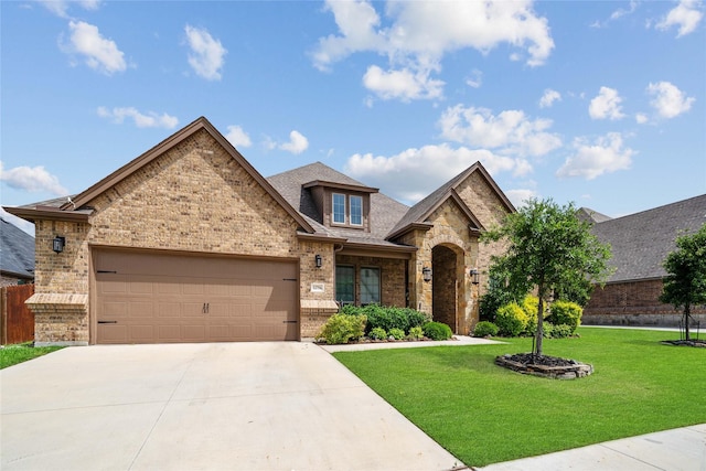 view of front facade with a front yard and a garage