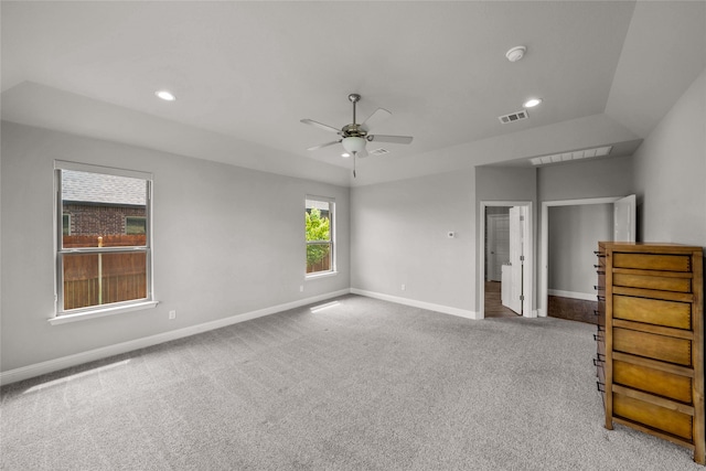 unfurnished bedroom with ceiling fan and light carpet