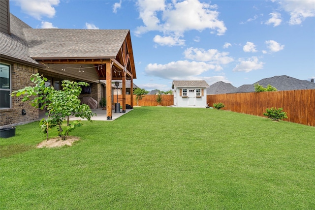 view of yard with a patio area and a storage unit