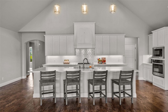 kitchen with stainless steel appliances, an island with sink, high vaulted ceiling, decorative backsplash, and white cabinetry