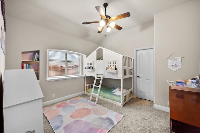 bedroom featuring light colored carpet, ceiling fan, and vaulted ceiling