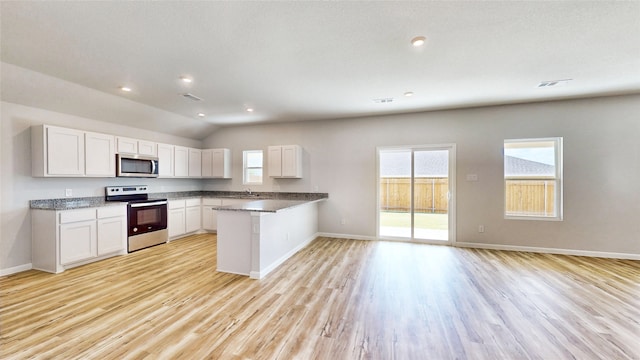 kitchen with kitchen peninsula, white cabinets, appliances with stainless steel finishes, and light wood-type flooring