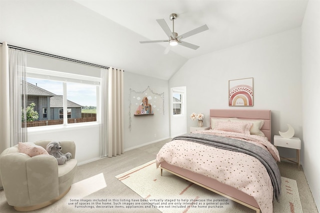 carpeted bedroom with a ceiling fan, lofted ceiling, and baseboards