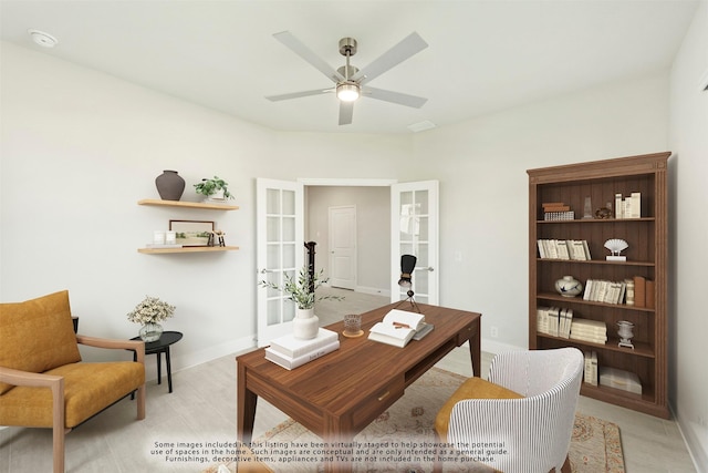 office with baseboards, a ceiling fan, and french doors