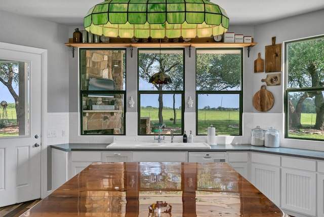 bar with white cabinets, dishwasher, tasteful backsplash, butcher block counters, and hardwood / wood-style flooring