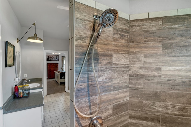 bathroom with oversized vanity and tile flooring