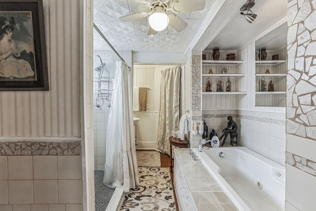 bathroom featuring ornamental molding, ceiling fan, built in features, and tile flooring