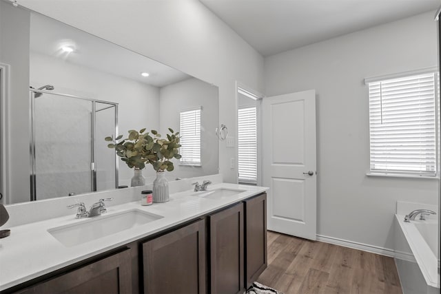 bathroom featuring dual sinks, plus walk in shower, vanity with extensive cabinet space, and hardwood / wood-style flooring