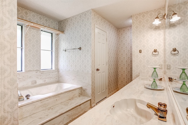 bathroom with a washtub, oversized vanity, and double sink