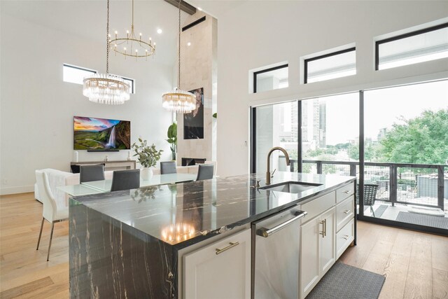 kitchen with sink, an island with sink, light hardwood / wood-style flooring, and stainless steel dishwasher