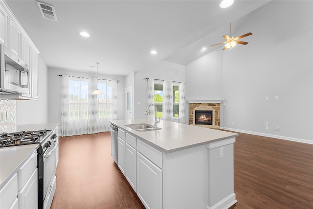 kitchen featuring dark wood-type flooring, appliances with stainless steel finishes, a center island with sink, sink, and a stone fireplace