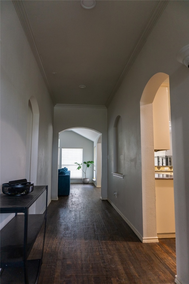 hall featuring crown molding and dark hardwood / wood-style floors