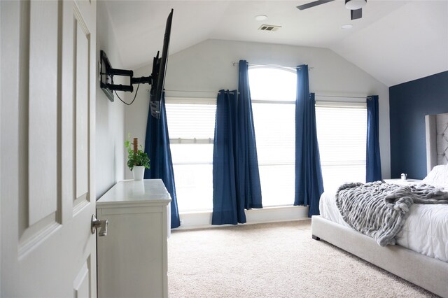 bedroom featuring lofted ceiling, ceiling fan, and multiple windows