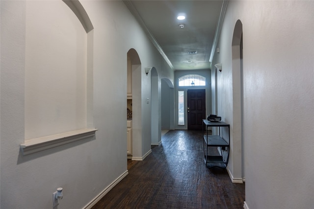 corridor with dark hardwood / wood-style floors and crown molding