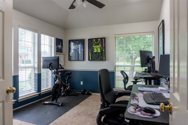 interior space with lofted ceiling, ceiling fan, a wealth of natural light, and carpet floors