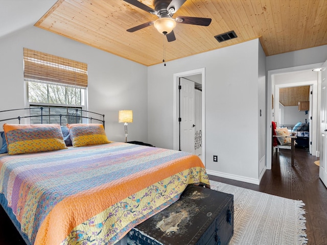 bedroom featuring ceiling fan, vaulted ceiling, dark hardwood / wood-style flooring, and wood ceiling