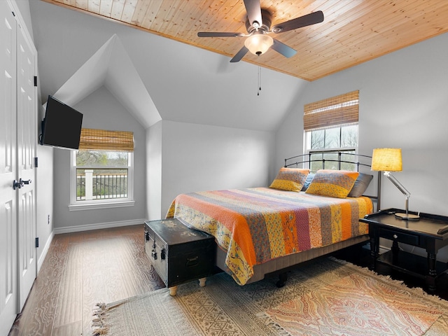 bedroom featuring hardwood / wood-style floors, multiple windows, lofted ceiling, and wooden ceiling