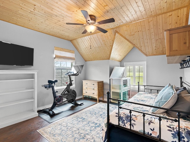 bedroom featuring wooden ceiling, dark wood-type flooring, multiple windows, and lofted ceiling