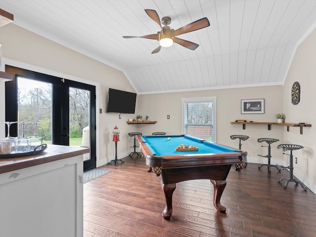 recreation room featuring billiards, vaulted ceiling, wooden ceiling, ceiling fan, and hardwood / wood-style floors