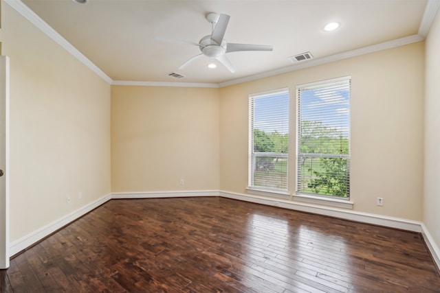 empty room with ceiling fan, hardwood / wood-style flooring, and ornamental molding