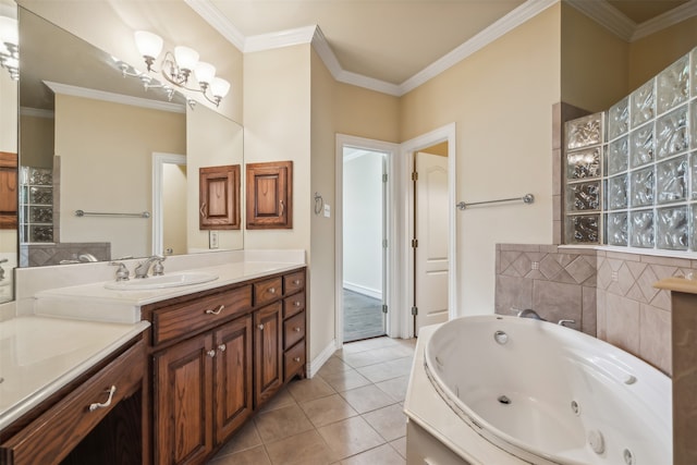 bathroom featuring tile patterned flooring, a bathing tub, crown molding, and vanity