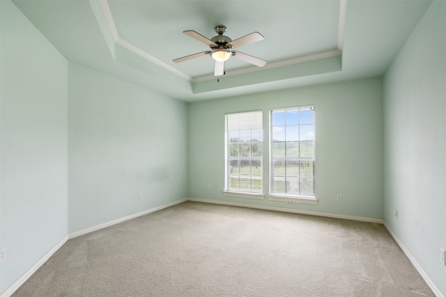 carpeted spare room with a raised ceiling, ceiling fan, and ornamental molding