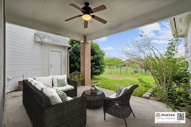 view of patio / terrace featuring ceiling fan and an outdoor hangout area