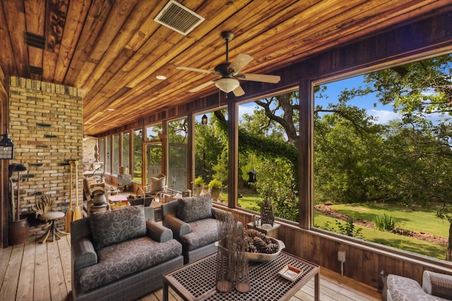 sunroom / solarium featuring wooden ceiling, plenty of natural light, and ceiling fan