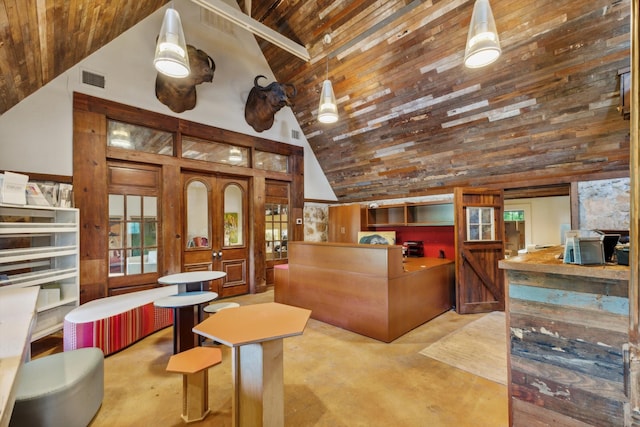 office area with high vaulted ceiling, french doors, carpet, and wooden ceiling