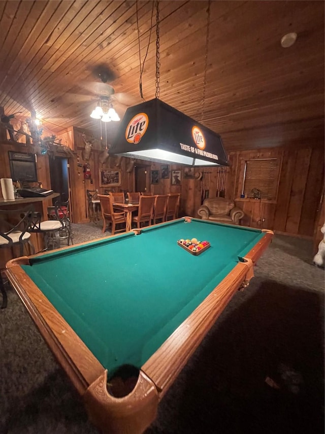 rec room featuring wood ceiling, pool table, and wood walls