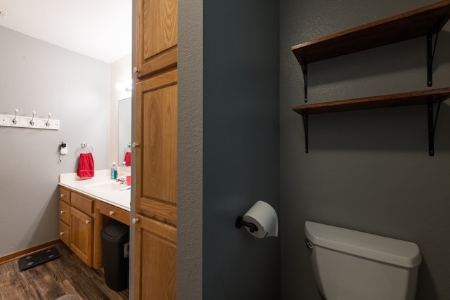 bathroom featuring vanity, toilet, and wood-type flooring