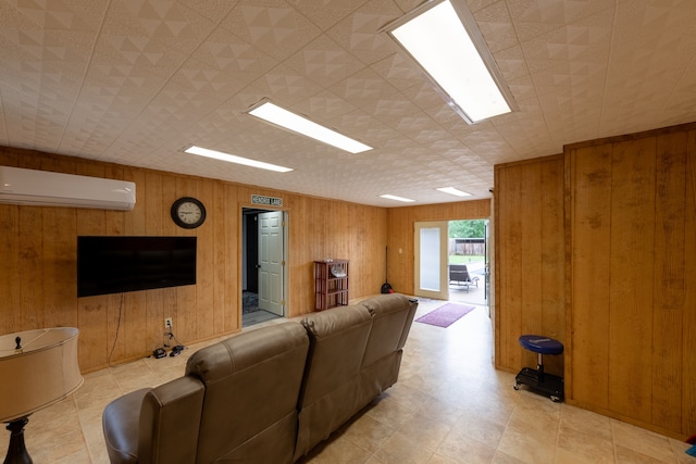 living room featuring wooden walls and a wall mounted air conditioner