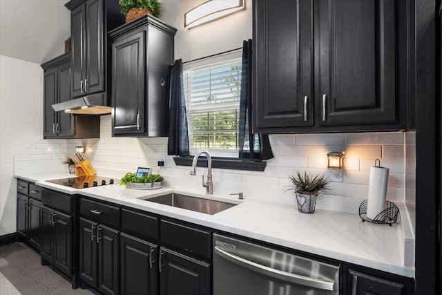 kitchen with backsplash, black electric cooktop, dishwasher, and sink