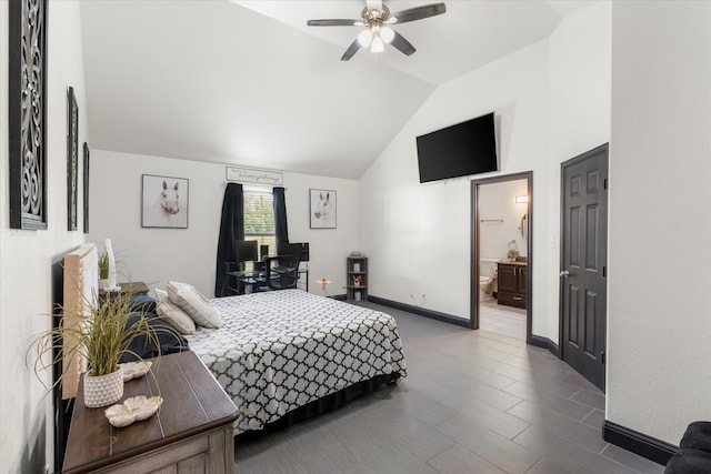 bedroom featuring high vaulted ceiling, ceiling fan, and ensuite bathroom