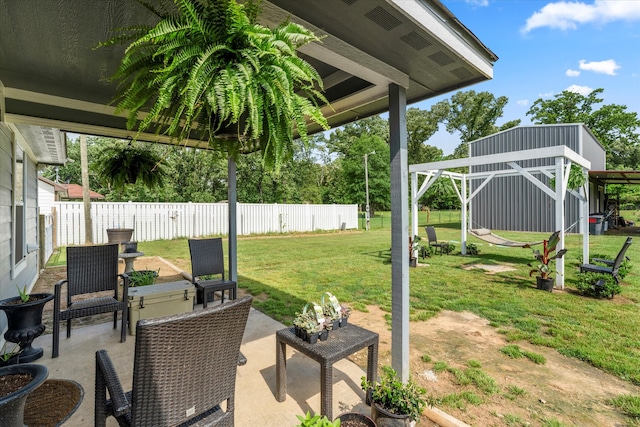 view of patio / terrace with a shed