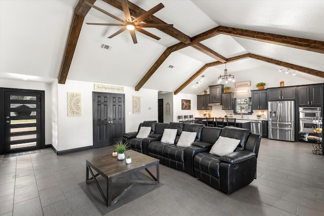 living room featuring high vaulted ceiling, tile flooring, beam ceiling, and ceiling fan with notable chandelier