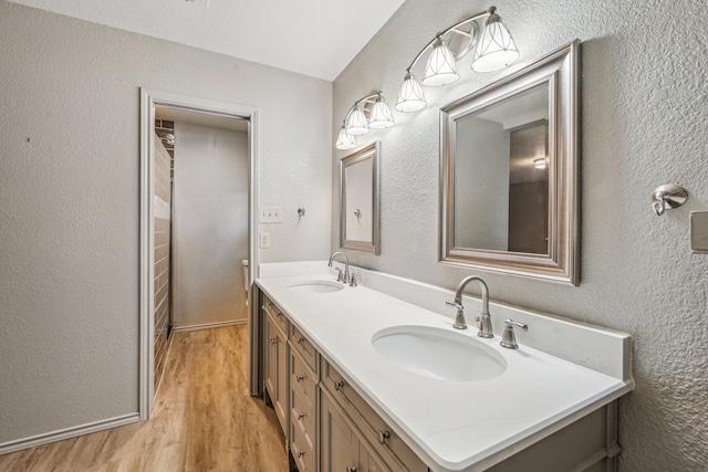 bathroom featuring hardwood / wood-style floors and dual vanity