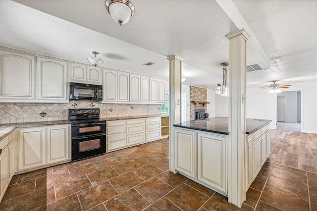 kitchen with cream cabinets, decorative columns, ceiling fan, and black appliances