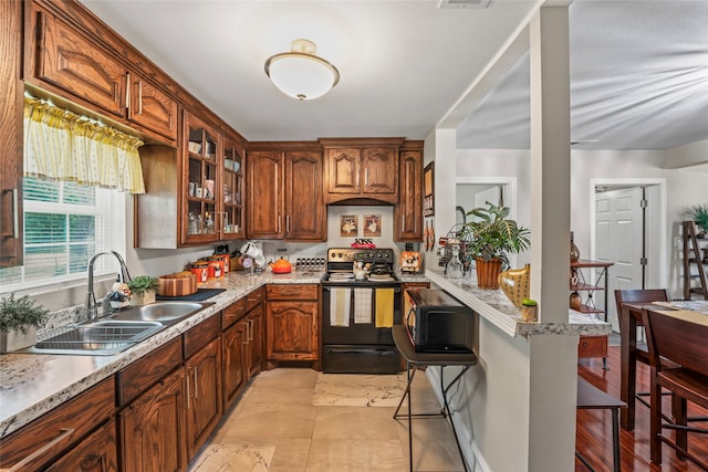 kitchen featuring light stone countertops, black / electric stove, sink, and a kitchen bar